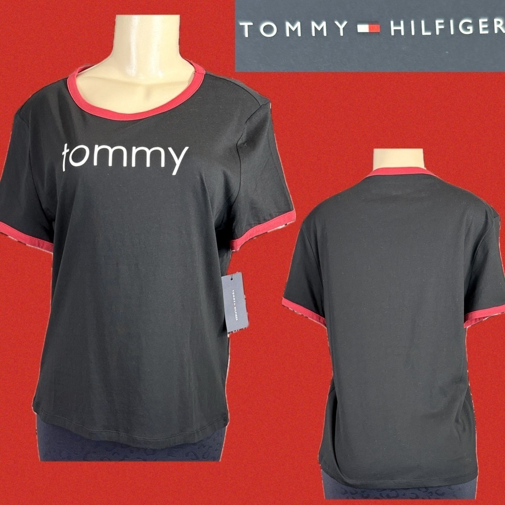 Tommy Hilfiger Womens L Blac Ringer Tee Red Trim Logo Short Sleeve Crew Neckline